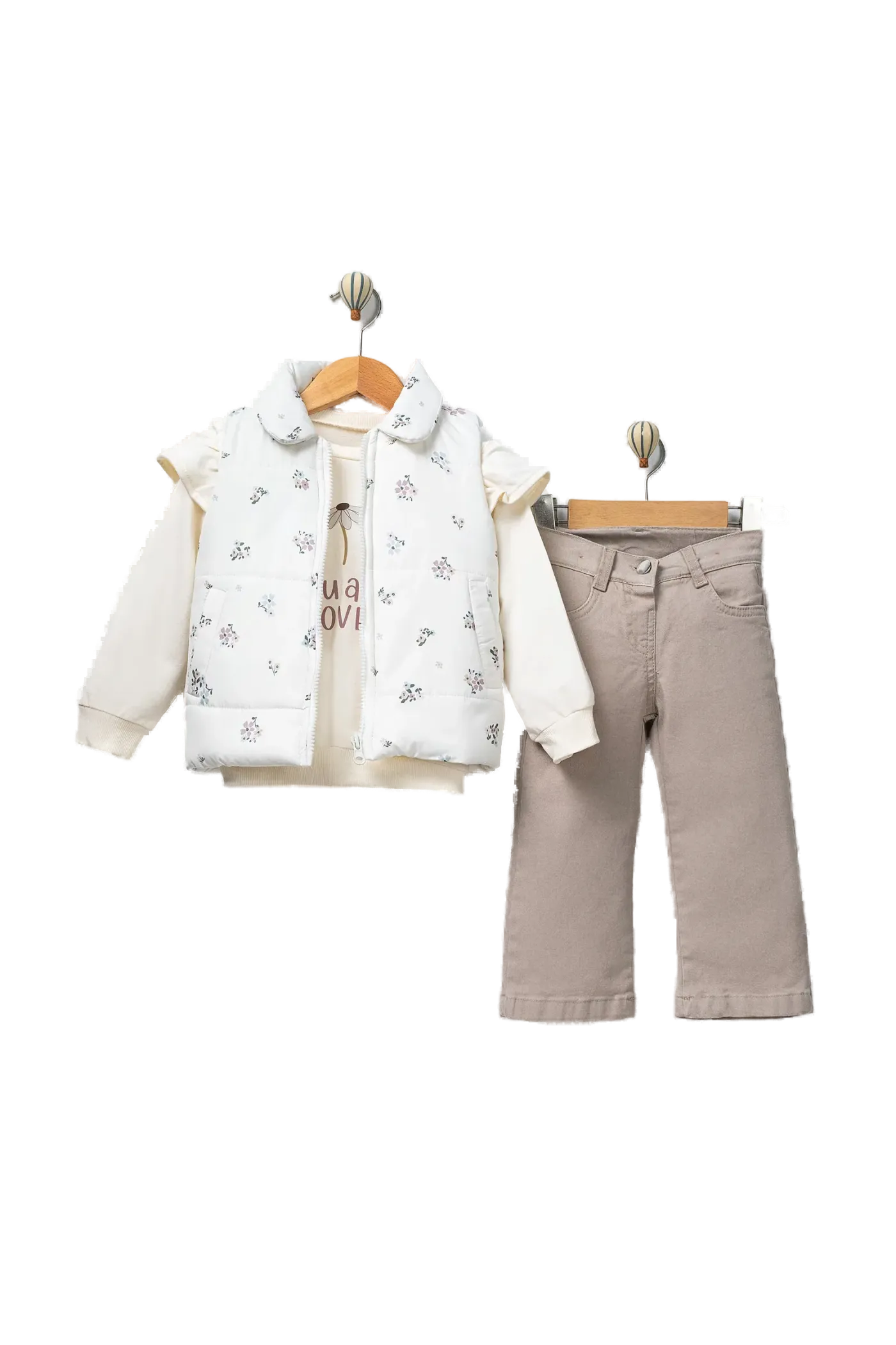 Model 4050 — Çiçekli şişme yelek, sweatshirt ve pantolon — Model 4050, 2–5 Yaş